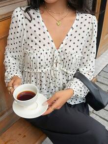 Serisse Women's White With Black Polka Dots Babydoll Top,Elegant Vintage V-Neck Lantern Sleeve Tie Front Blouse,French Style Ruffled Top For Summer Tea Party - Black and White - View 4