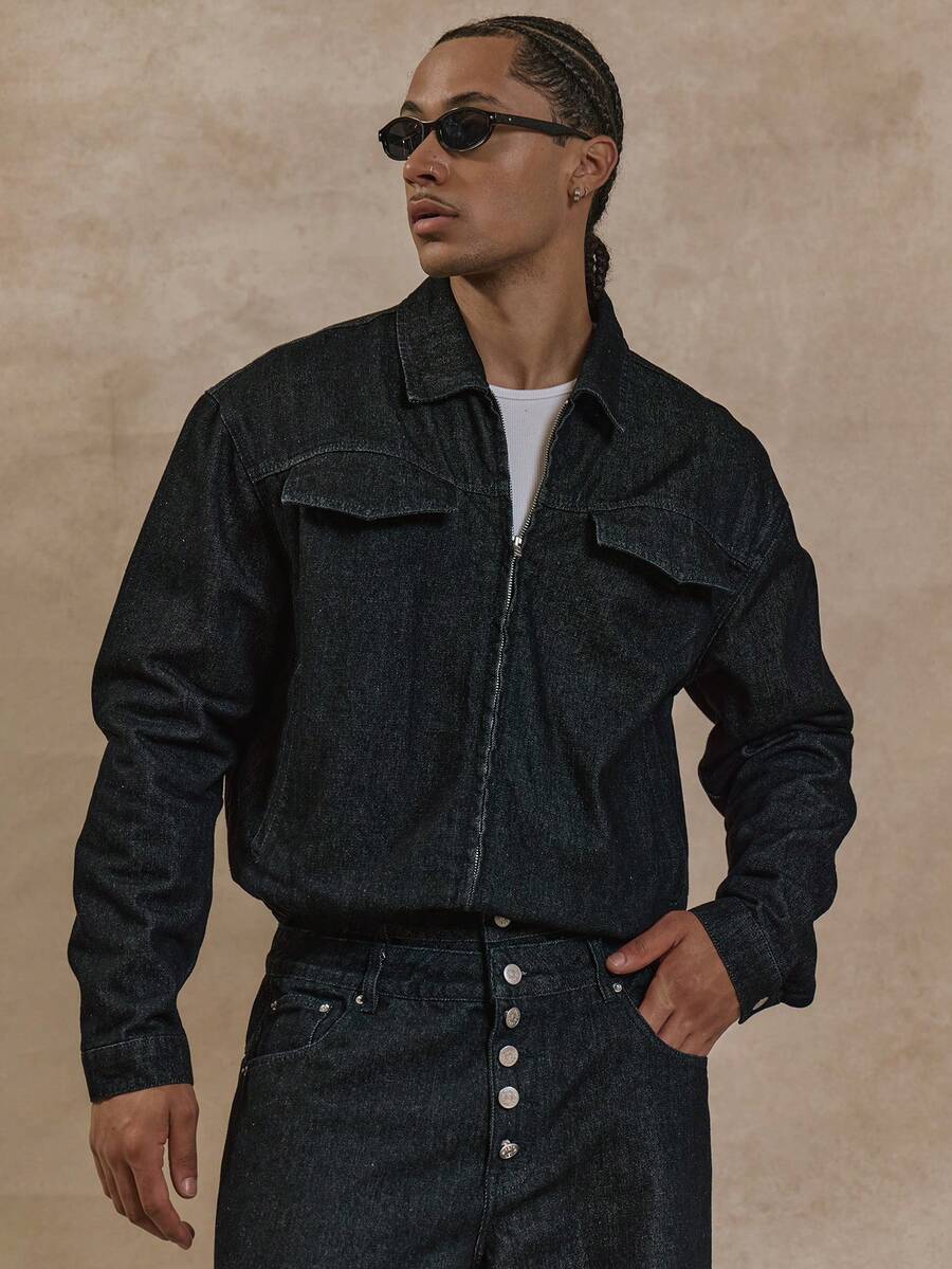 Musero 男士飞行员夹克，原色牛仔风格，翻盖口袋拉链设计，春夏款 - 深色水洗藍 - 查看 1