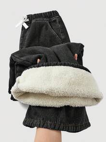 SHEIN Celana Jeans Biru Denim Longgar Model Basic untuk Remaja Perempuan, Lapisan Termal, Musim Gugur/Dingin - Hitam - View 7