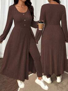 SHEIN LUNE Plus Size Women Solid Color Fuzzy Ribbed Minimalist Casual Autumn/Winter Top And Slim Fit Pants Set - Rust Brown - View 7