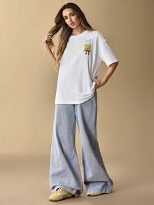 SpongeBob SquarePants | SHEIN Women's Casual Cute Cartoon Letter Graphic Loose Fit Drop Shoulder White T-Shirt, Summer - White - View 6