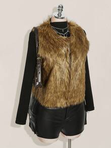 SHEIN ICON Plus Size Vintage Brown Faux Fur Sleeveless Jacket, Autumn/Winter Fur Vest Coat Women Western Vest Fur Coat Women - Camel - View 7