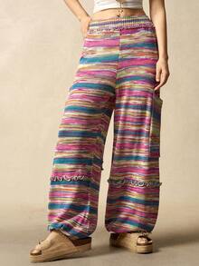 Bohemela 女士弹力腰带彩色条纹荷叶边阔腿休闲针织裤，秋冬条纹针织裤嬉皮风针织裤宽松波西米亚风裤 - 彩色 - 查看 4
