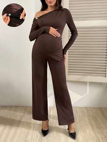 SHEIN 2pcs Maternity Casual Oblique Shoulder Top & Pants Set - Brown - View 1
