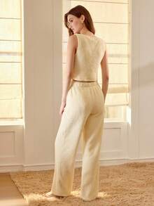 MOTF PREMIUM FAUX PEARL TRIM VEST AND PANTS FLUFFY COMFORTABLE PAJAMA SET
