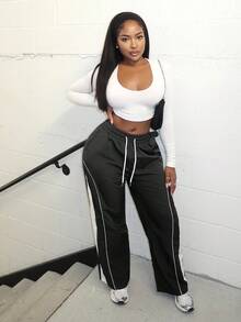 Alexandranx Women's Drawstring Waist Two-Tone Casual Sports Pants With Side Pockets - Black - View 5