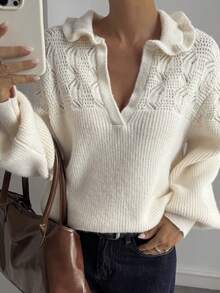 DAZY Women's Elegant Solid Color Turndown Collar Partially Cardigan Sweater, Autumn - Beige - View 7
