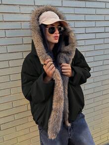 DAZY 女士拼接毛领宽松长袖连帽休闲街头风羽绒服，秋冬款 - 黑色 - 查看 7