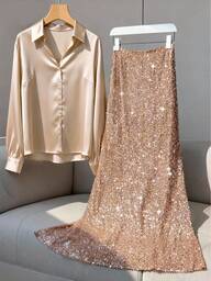 Franclia Plusstorlek dam elegant satinkrage V-ringad långärmad skjorta och glitter bodycon maxiklänning 2-delat set, lämplig för casual, pendling, semester, afternoon tea, julfest