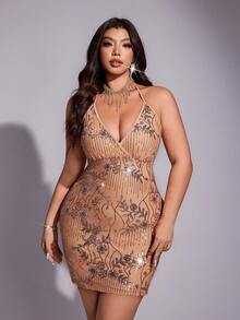Viva Relle Große Größen Herbst/Winter Partykleid mit Pailletten, Stickereien, Perlen und Dopamin-Besatz, farbenfroh, ärmellos, tailliert, rückenfrei, figurbetont, für Damen, sexy Partykleid für kurvige Frauen, sexy Geburtstagskleid, glamouröses Diva-Kleid, durchsichtiges Kleid, roségoldenes Kleid, Große Größen Partykleid, Tanzkleid, Date-Date, Dinnerparty, Bankett - Orange - Übersicht 3