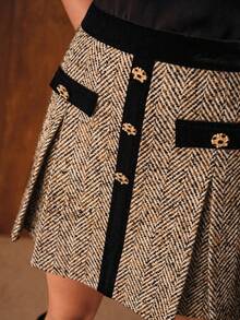 MOTF PREMIUM TWEED & VELVET PATCHWORK PLEATED MINI SKIRT, AUTUMN/WINTER - Khaki - View 3