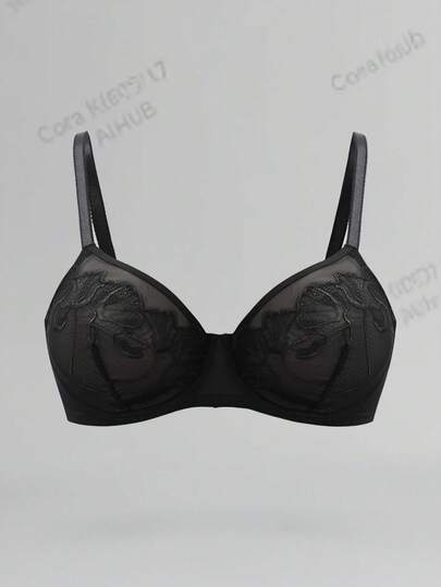 SHEIN 大码女式黑色蕾丝刺绣网眼拼布文胸，性感优雅，适合日常穿着