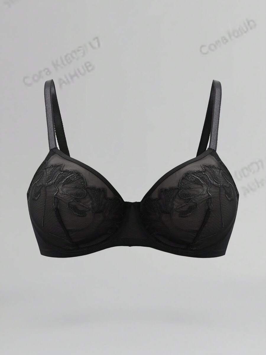 SHEIN Áo ngực lưới thêu ren đen cỡ lớn cho nữ, gợi cảm và thanh lịch để mặc hàng ngày - màu đen - Xem 1