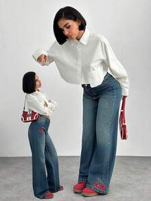 EURMUSE WIDE LEG LOW WAIST EMBRIODERY DETAIL JEANS - Medium Wash - View 3