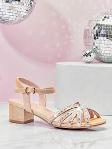 Mini mi #GoldenTwinkle 女童露趾低粗跟水钻亮片香槟色礼服凉鞋 – 闪亮绑带和亮片鞋跟，适合婚礼和庆典。 - 香檳色 - 查看 6