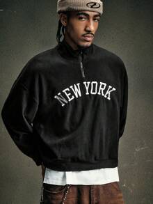 AXEPEAK Men's Fall/Winter Fleece Pullover Sweatshirt With Zipper And New York Embroidery,Fleece - Black - View 4