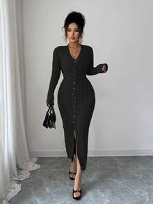 Elenzga Women's Elegant Button Waist Belt Sweater Maxi Dress - Black - View 1