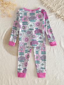 SHEIN Vintaside Kids 女童柔软舒适碎花睡衣套装，优雅可爱的长袖上衣和裤子，休闲家居服 - 紫色 - 查看 2