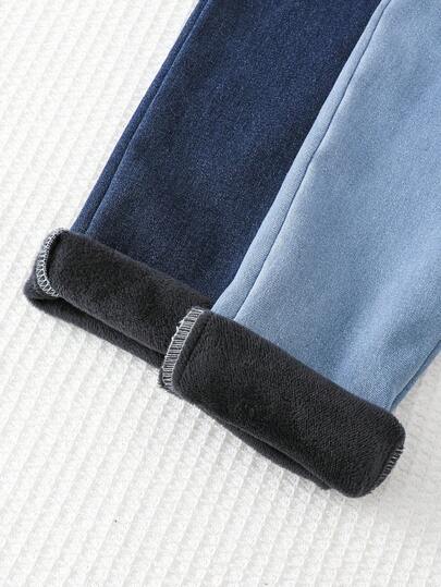 2 pezzi/set Pantaloni in jeans dritti a vita elastica stile casual scolastico per ragazze giovani, in denim lavato blu, pantaloni in jeans dritti per bambine, pantaloni in jeans per ragazze giovani, tessuto caldo e termico foderato