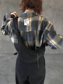 FRIFUL 女式绿色格子面料背面撞色编织标签装饰落肩长袖宽松休闲百搭时尚衬衫，秋季 - 杏色 - 查看 6