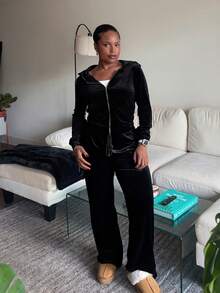 Tyla Gomez Black Velvet Rhinestone Decorated Hooded Zip-Up Top And Pocket Pants Women Casual Sport Suit - Black - View 4