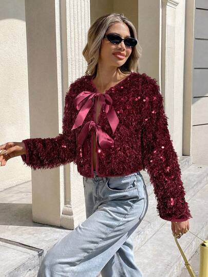 Serisse Women's Red Lace-Up Long Sleeve Sequin Jacket Winter Christmas New Year Burgundy Spring