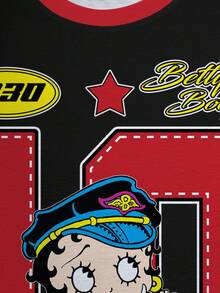 Betty Boop x SHEIN 男士休闲字母和卡通图案圆领短袖T恤，夏季 - 白色 - 查看 3