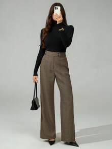 SHEIN Tall Damen Hoch taillierte Hahnentrittmuster gerade locker geschnittene Lässig Hose, Business, Retro, Party, Resort, Ausflug, Old Money, Sirene Koketterie, Abschlussball, Valentinstag, Kreuzfahrt Outfit, Pendeln, reichhaltig geschichtet, Date Night, Zusammenkunft, Minimalismus, Geburtstag, formelle Veranstaltung, Pause, bescheiden, schick, Lässig, Einkaufen, Streetwear, Ausgehen, karierte Hose Damenhose mit hoher Taille Weite Beine Hose, schicke Hose für Damen, Herbst - Braun - Übersicht 8