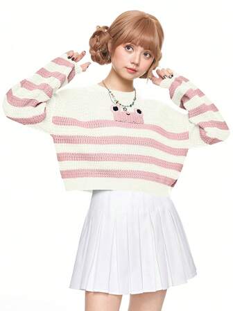 Kawaii Suéter holgado de mujer con estampado de rayas y rana