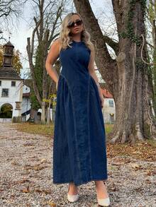 Jeta Ari 女式圆领无袖露背喇叭牛仔连衣裙，夏季时尚 - 深色水洗藍 - 查看 4