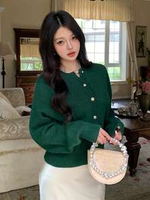 DAZY 女士优雅开襟羊毛衫，绿色圣诞新年金属纽扣装饰，商务休闲通勤风格，秋冬款