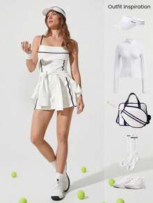 GLOWMODE Quick-Dry Adjustable Spaghetti Strap Contrast Color A-Line Dress Low Impact Tennis Golf Pickleball Daily Casual Wear - White - View 8