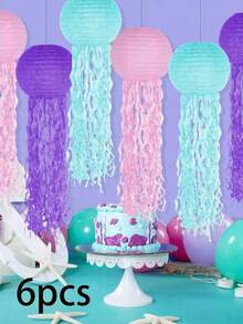 SHEIN 6 件水母纸灯笼粉色绿色蓝色吊灯适合美人鱼主题夏威夷热带海洋生日派对装饰、母亲节毕业典礼、婚礼装饰 - 彩色 - 查看 9