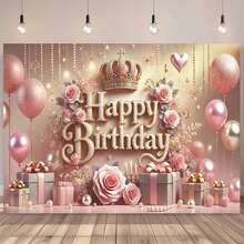 1pc Pink Floral Balloon Birthday Party Background With Crown Pearl Gift Box Design, Princess Birthday Party Background Cloth, Cake Table Decor, Photography Backdrop, Polyester Banner - Apricot - View 2