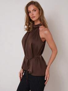 COSMINA Women's Elegant Waist Tie High Collar Ruched Satin Sleeveless Tank Top, Versatile For Commuting And Daily Wear, All Seasons, Chocolate Brown Top, Dark Brown Top , Brown Top Women , Coffee Brown Top - Green - View 6