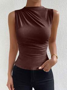 SHEIN PETITE Tank Top Lipit Leher Tinggi Kasual Modis, untuk Wanita Bertubuh Mungil - Coklat - View 4