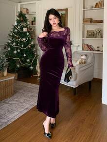 DAZY Women's Autumn Lace Patchwork Fishtail Thermal Lined Mid-Length Dress Prom Dress