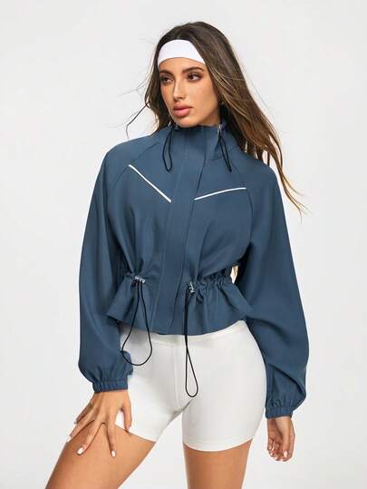 Eassivo Eassivo Women's Blue Drawstring Windbreaker Jacket,High Neck, Reflective Trim, Adjustable Waist, Cropped Zip Up, Drawstring Waist Zip-Up Sports Casual Jacket, Cropped Windbreaker, Cropped Workout Jacket, Blue Zip Up Jacket