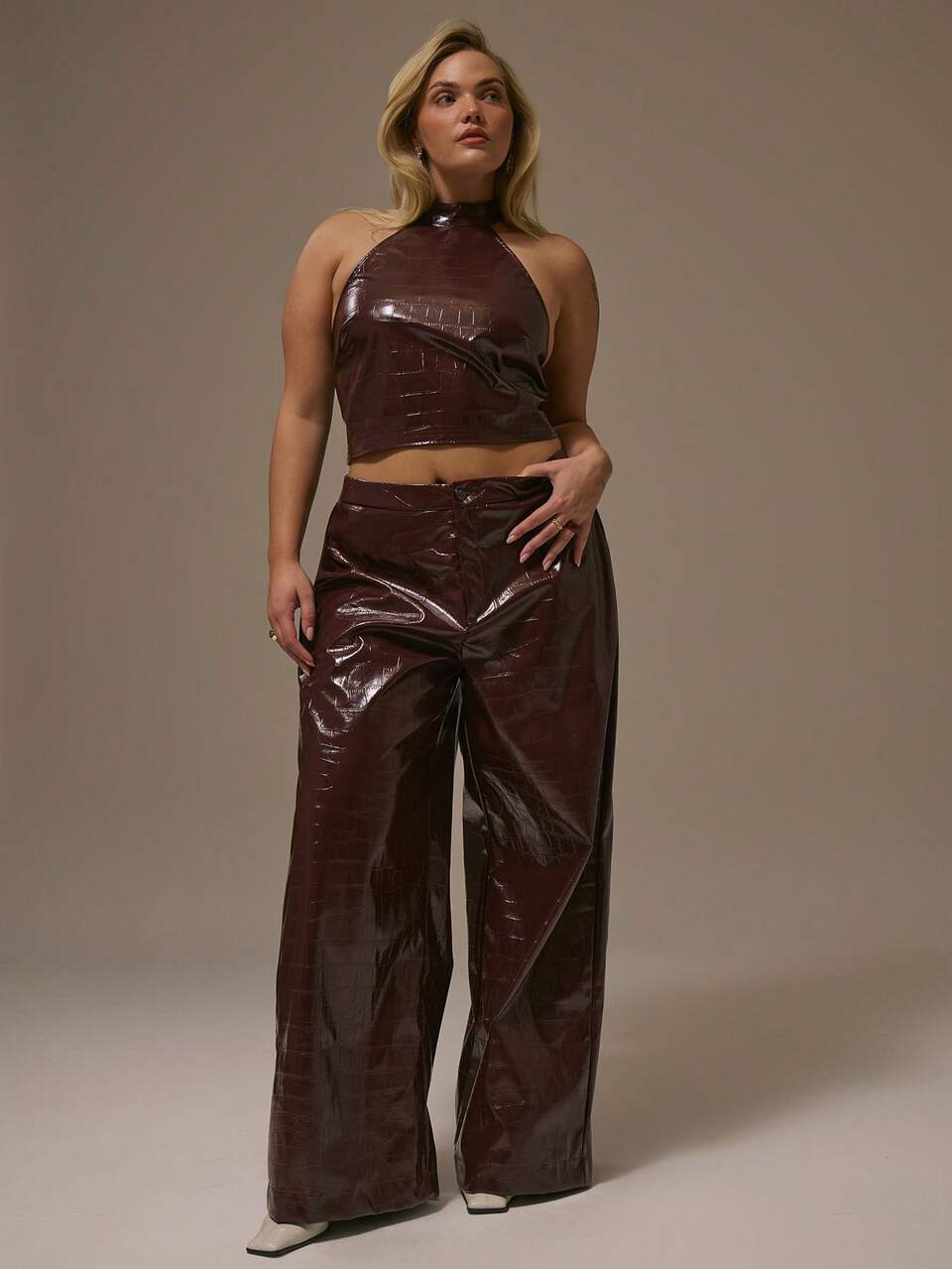 Curve High Neck Pu Animal Leather High Racer Neck Top Autum Party Spring Summer Holiday