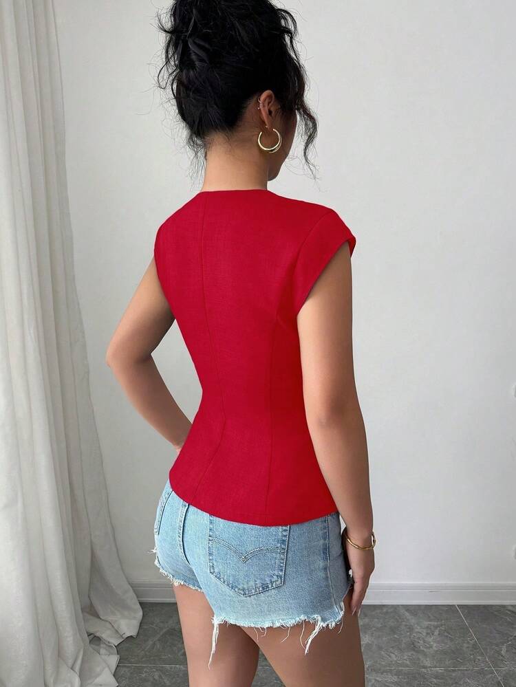 Women's Small Round Collar Cap Sleeve Fitted Vest Shirt - Burgundy - View 2