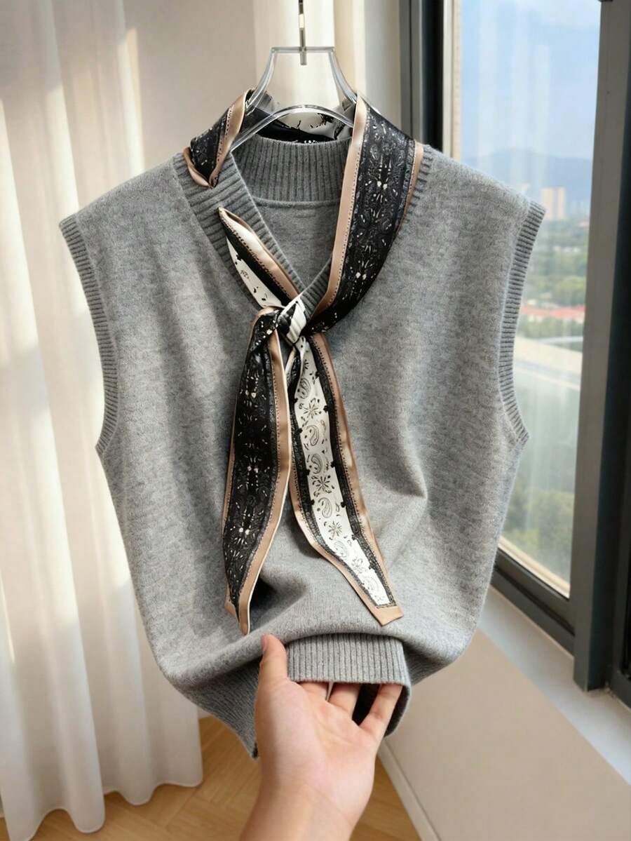 GlowEve Elegant Design Women's Silk Scarf Necktie V-Neck Knitted Vest