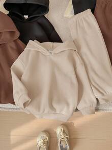 SHEIN 6件套女婴可爱纯色爱心图案连帽卫衣和松紧腰裤，秋冬季 - 彩色 - 查看 4