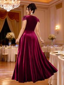 Cravure Váy dự tiệc nhung cỡ lớn cho nữ, cổ chữ V, viền xếp nếp sequin, váy dự tiệc cao cấp sang trọng - Màu Đỏ Sâu - Xem 2