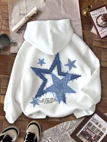 SHEIN Leap Crew Casual Minimalist Personalized Pentagram Pattern Loose Fit Sweatshirt Sweatshirt, Black, Street Style, Punk, Suitable For Autumn/Winter, Teen Girls - Multicolor - View 1