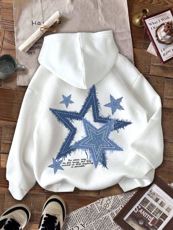 SHEIN Leap Crew Casual Minimalist Personalized Pentagram Pattern Loose Fit Comfortable Sweatshirt, Black, Street Style, Punk, Suitable For Autumn/Winter, Teen Girls Star Sweatshirt Star Sweatshirts Y2k Denim Star Sweatshirt White Sweatshirt Star Print