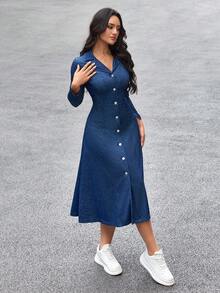 Flexra 女士翻领长袖单排扣休闲通勤牛仔连衣裙 - 藍色 - 查看 5