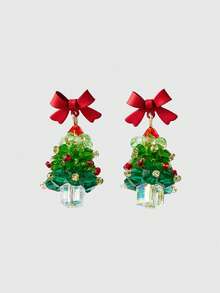 ROMWE Kawaii 一对可爱甜美红色蝴蝶结圣诞树形耳环适合女性任何场合 - 綠色 - 查看 1