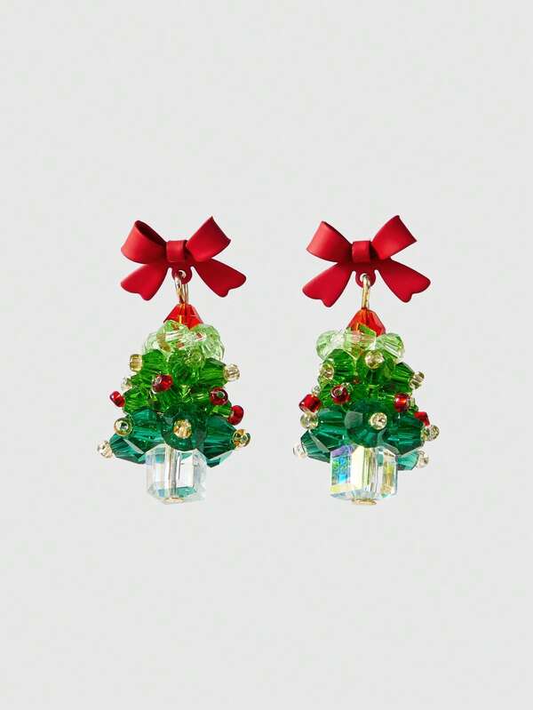ROMWE Kawaii 一对可爱甜美红色蝴蝶结圣诞树形耳环适合女性任何场合