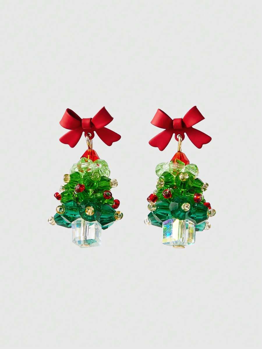 ROMWE Kawaii 一对可爱甜美红色蝴蝶结圣诞树形耳环适合女性任何场合 - 綠色 - 查看 1