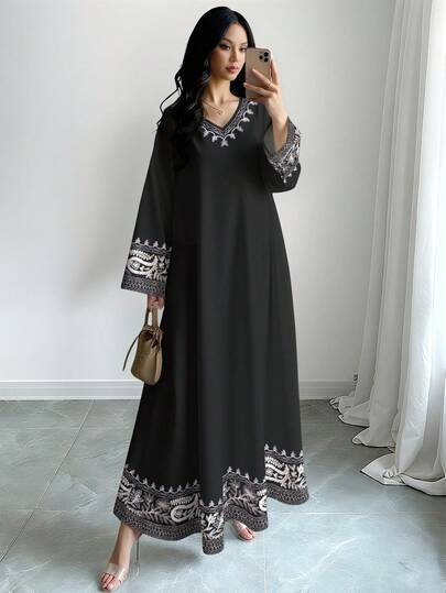 SHEIN Najma Women's Paisley Print V-Neck Long Sleeve Elegant Arabic Style Dress, Suitable For Spring And Autumn